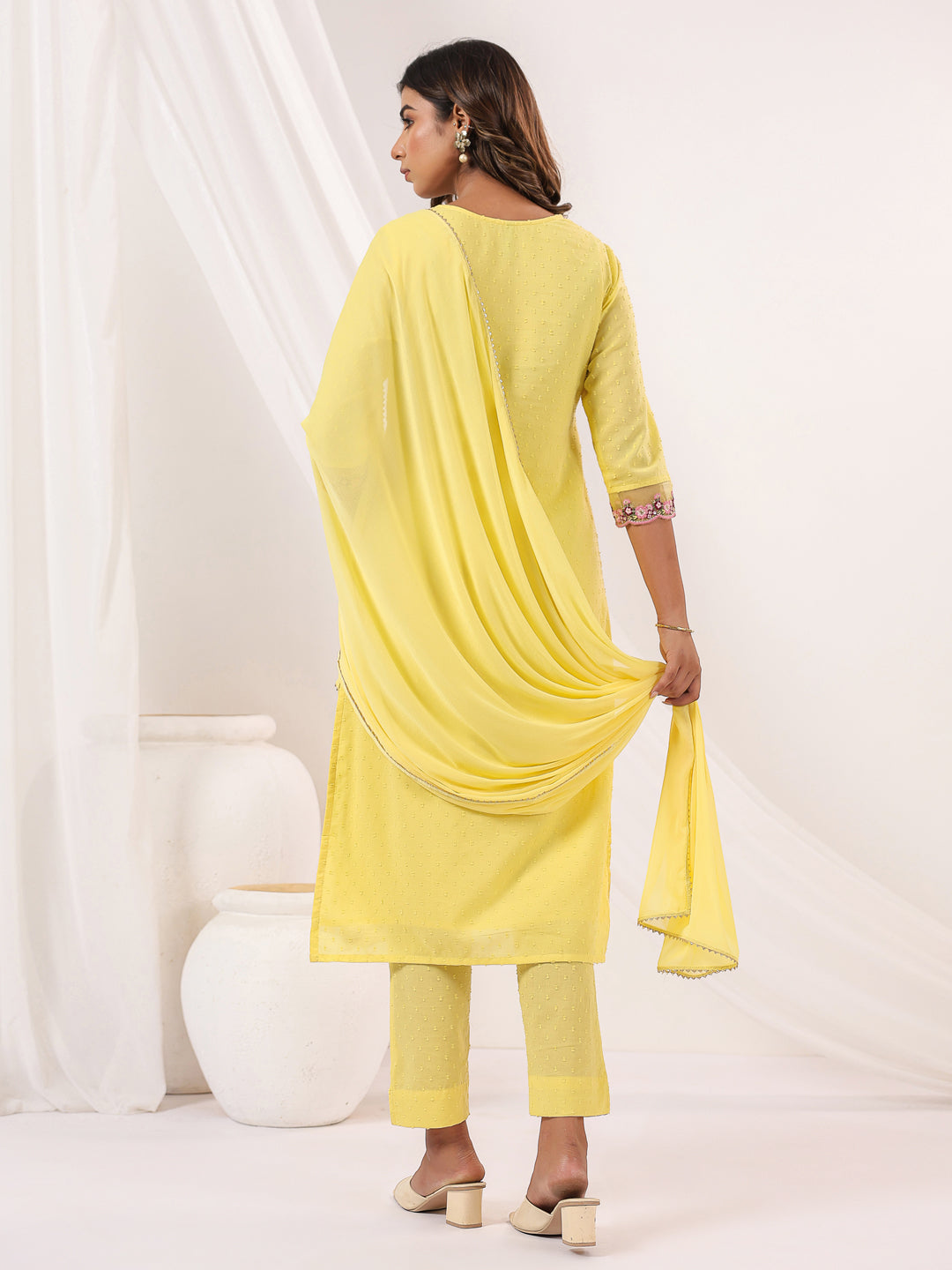 Janasya Women's Yellow Dobby Pure Cotton Embroidered Straight Kurta Set