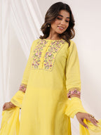 Janasya Women's Yellow Dobby Pure Cotton Embroidered Straight Kurta Set