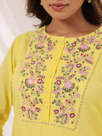 Janasya Women's Yellow Dobby Pure Cotton Embroidered Straight Kurta Set