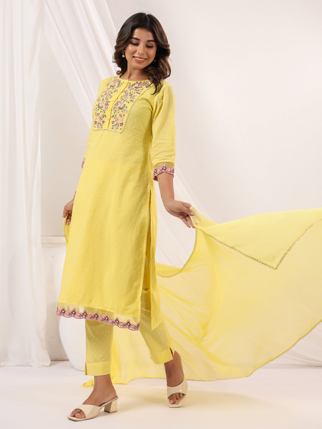 Janasya Women's Yellow Dobby Pure Cotton Embroidered Straight Kurta Set