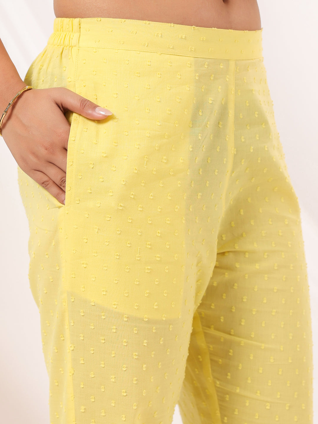 Janasya Women's Yellow Dobby Pure Cotton Embroidered Straight Kurta Set