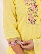 Janasya Women's Yellow Dobby Pure Cotton Embroidered Straight Kurta Set