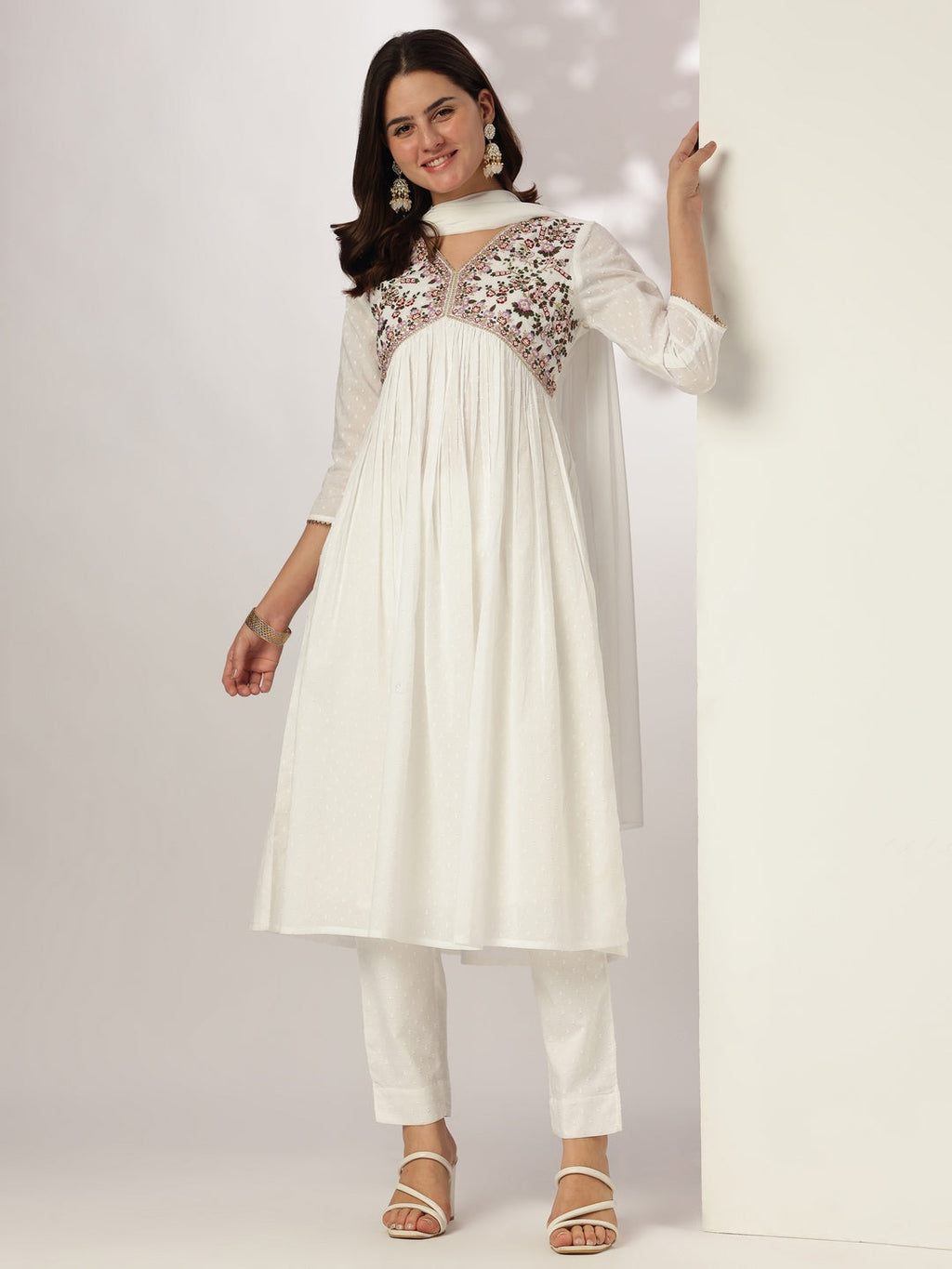 Janasya Women's White Dobby Pure Cotton Embroidered A-line Kurta Set