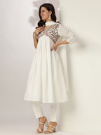 Janasya Women's White Dobby Pure Cotton Embroidered A-line Kurta Set