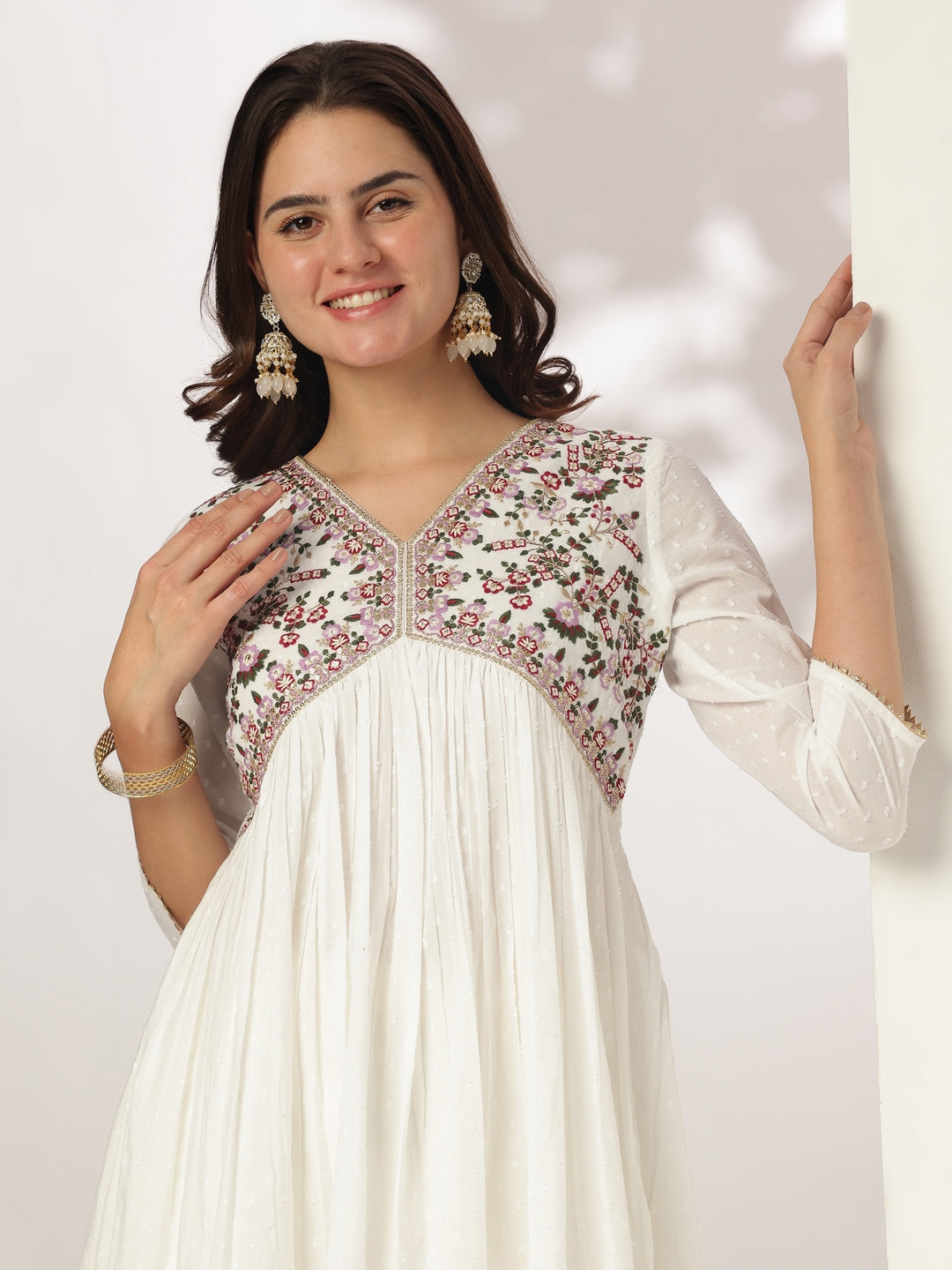 Janasya Women's White Dobby Pure Cotton Embroidered A-line Kurta Set