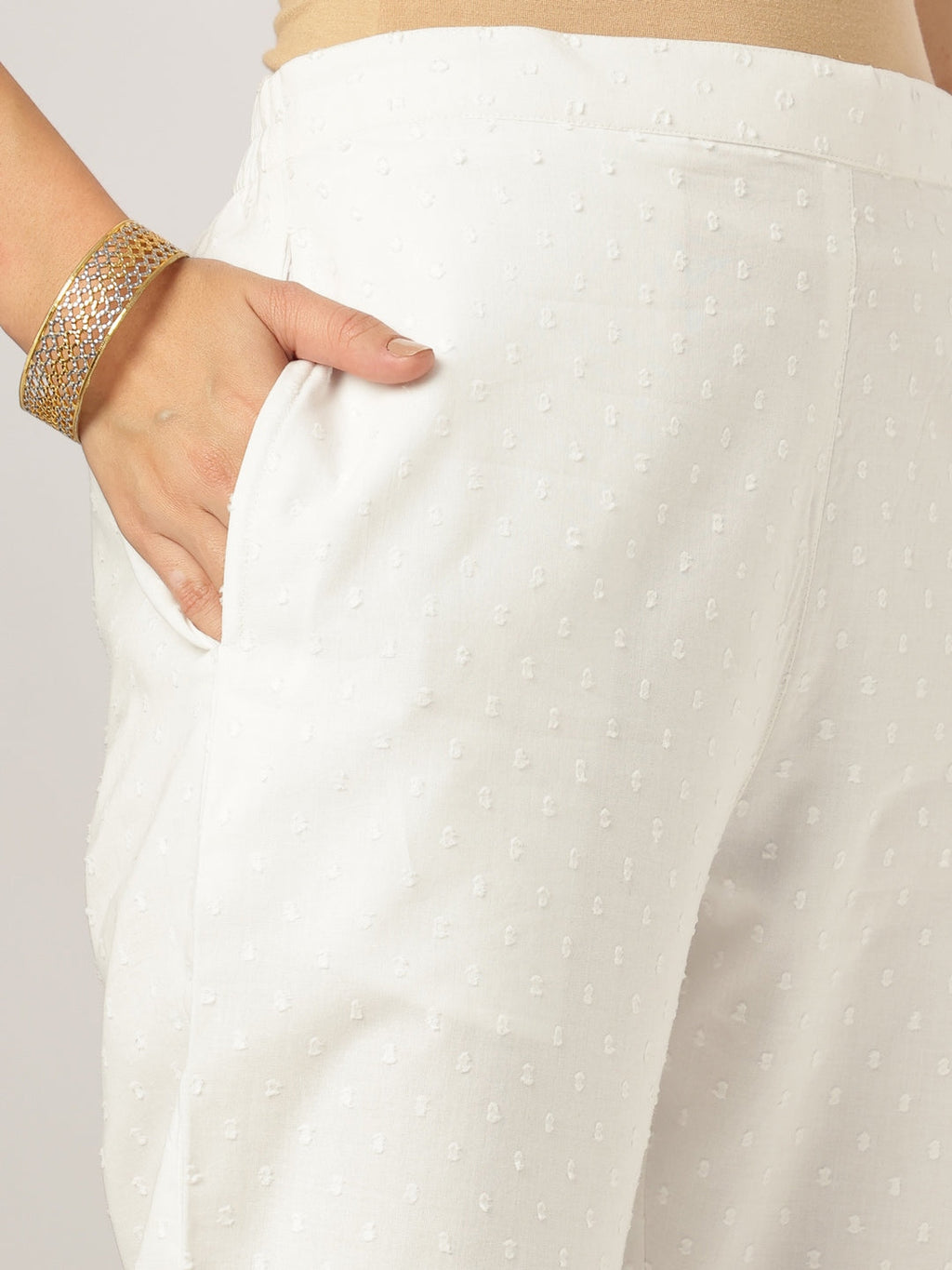 Janasya Women's White Dobby Pure Cotton Embroidered A-line Kurta Set