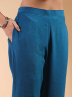 Teal Blue Silk Blend Embroidered Straight Kurta Set