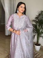 Lavender Silk Blend Embroidered Straight Kurta Set