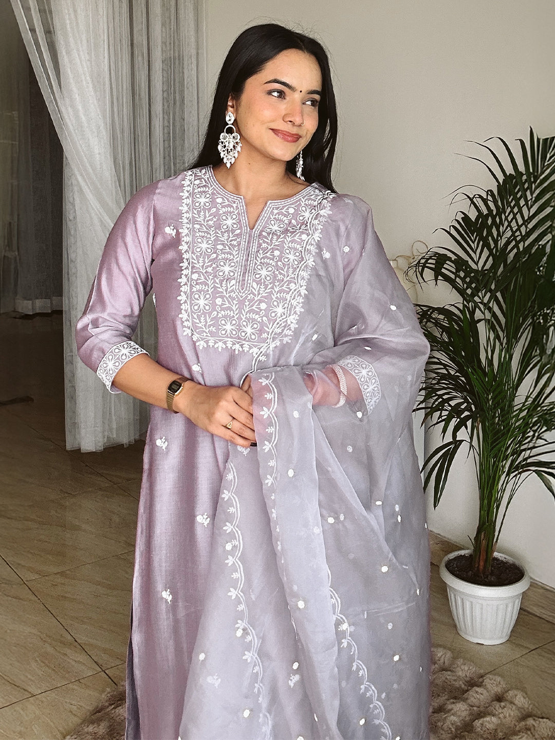 Lavender Silk Blend Embroidered Straight Kurta Set