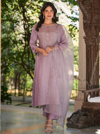 Janasya Women's Lavender Silk Blend Embroidered Straight Kurta Set