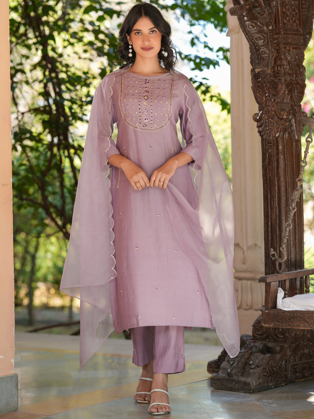 Janasya Women's Lavender Silk Blend Embroidered Straight Kurta Set