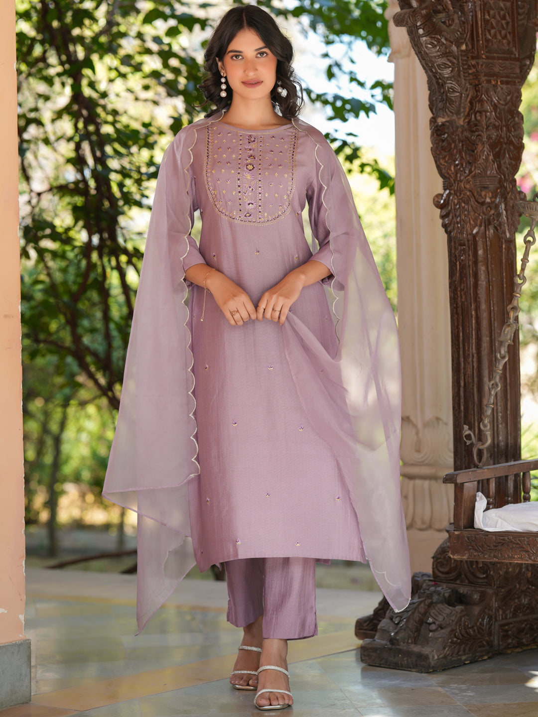 Janasya Women's Lavender Silk Blend Embroidered Straight Kurta Set