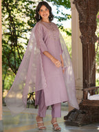 Janasya Women's Lavender Silk Blend Embroidered Straight Kurta Set
