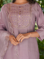 Janasya Women's Lavender Silk Blend Embroidered Straight Kurta Set