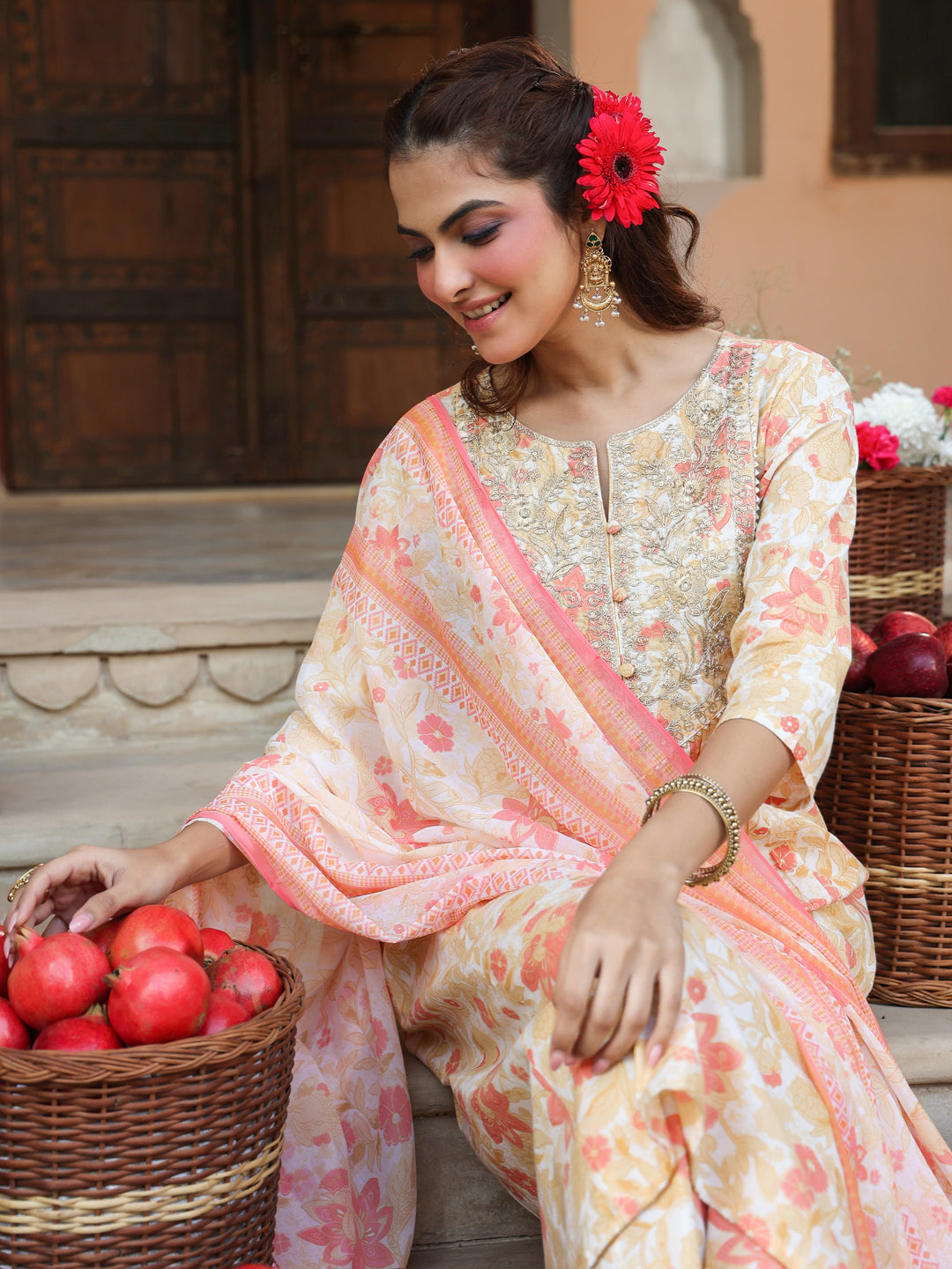 Janasya Women's Cream Pure Cotton Floral Printed Yoke Embroidered A-line Kurta Set