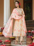 Janasya Women's Cream Pure Cotton Floral Printed Yoke Embroidered A-line Kurta Set