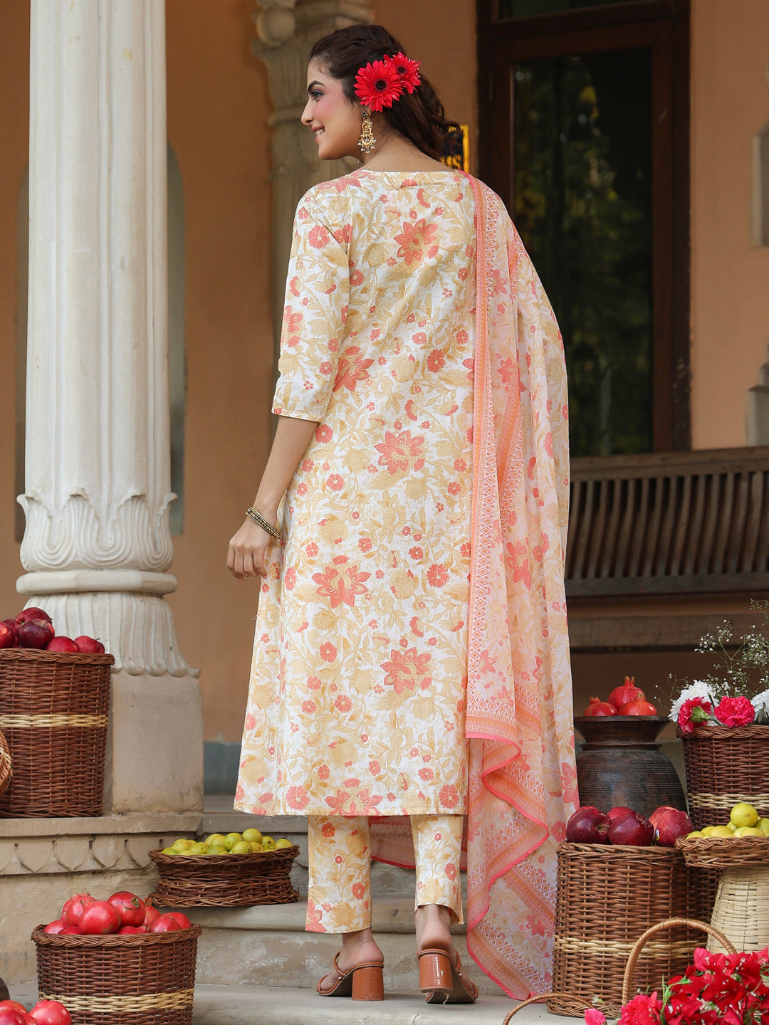 Janasya Women's Cream Pure Cotton Floral Printed Yoke Embroidered A-line Kurta Set