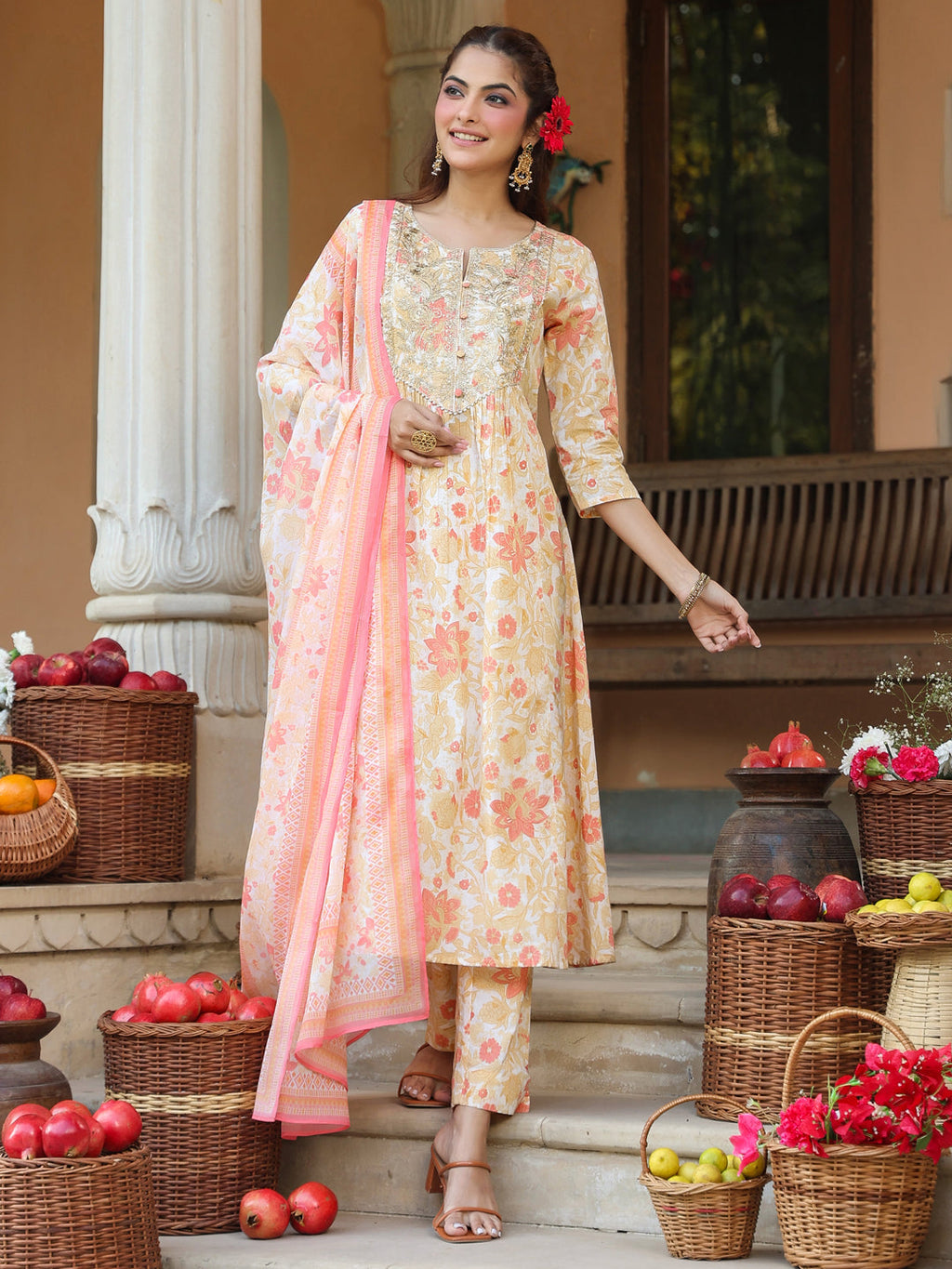 Janasya Women's Cream Pure Cotton Floral Printed Yoke Embroidered A-line Kurta Set