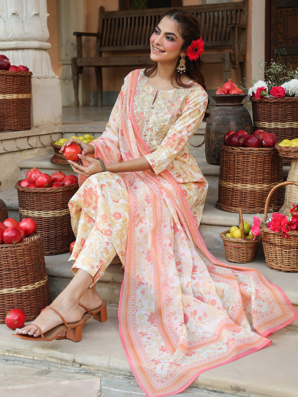 Janasya Women's Cream Pure Cotton Floral Printed Yoke Embroidered A-line Kurta Set