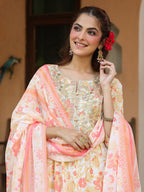 Janasya Women's Cream Pure Cotton Floral Printed Yoke Embroidered A-line Kurta Set