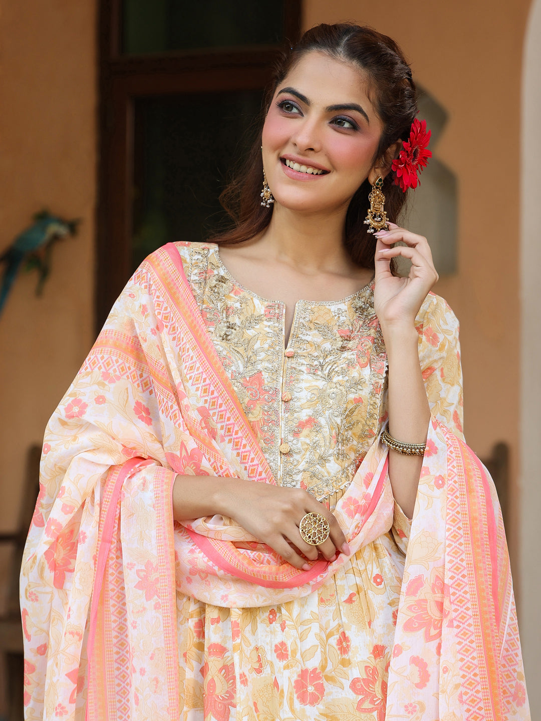 Janasya Women's Cream Pure Cotton Floral Printed Yoke Embroidered A-line Kurta Set