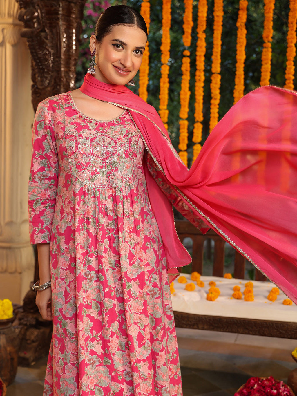 Janasya Women's Pink Pure Cotton Yoke Embroidered Floral Printed A-line Kurta Set