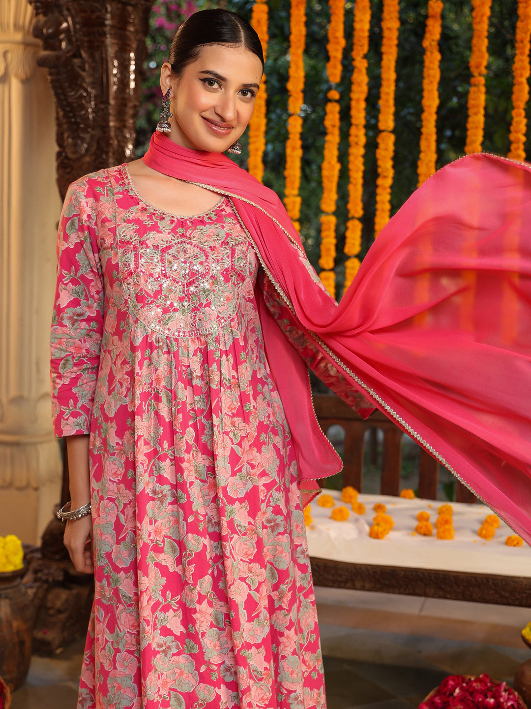 Janasya Women's Pink Pure Cotton Yoke Embroidered Floral Printed A-line Kurta Set - qivii