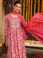 Janasya Women's Pink Pure Cotton Yoke Embroidered Floral Printed A-line Kurta Set
