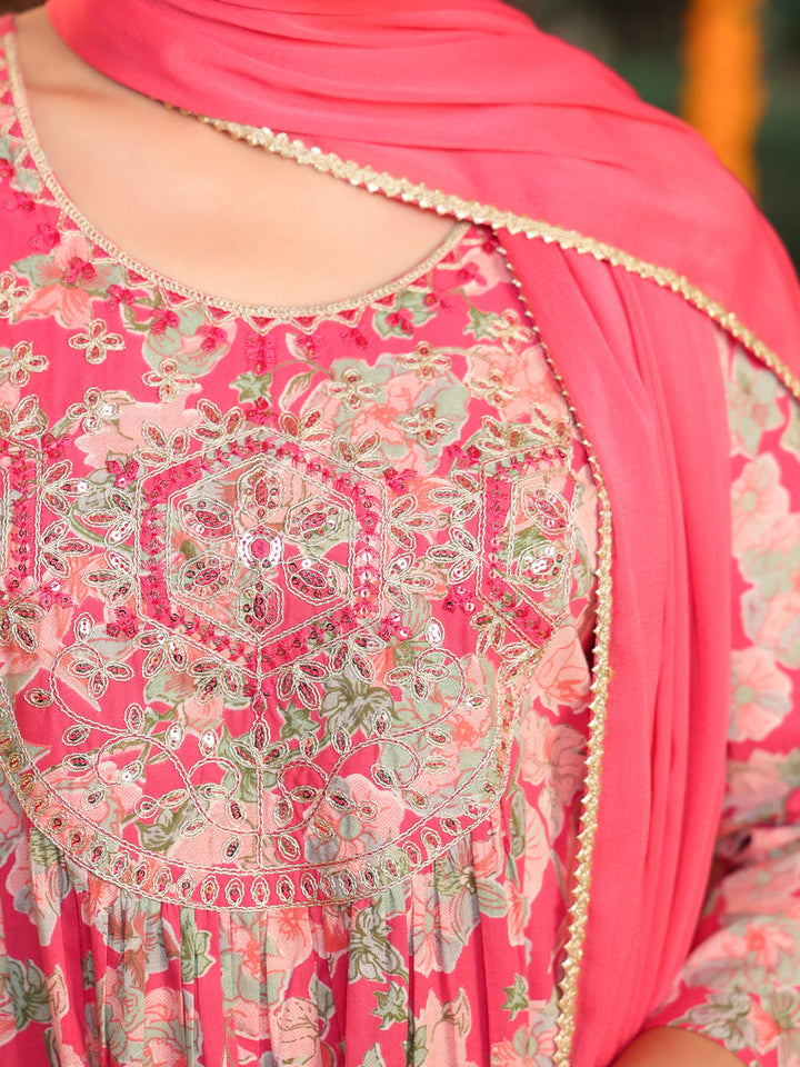 Janasya Women's Pink Pure Cotton Yoke Embroidered Floral Printed A-line Kurta Set - qivii