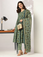 Sea Green Pure Cotton Floral Printed A-line Kurta Set