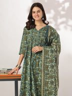 Sea Green Pure Cotton Floral Printed A-line Kurta Set