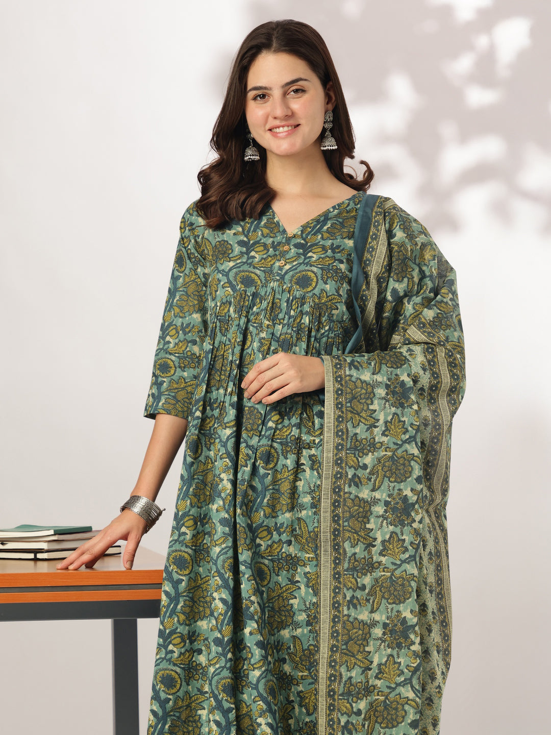 Sea Green Pure Cotton Floral Printed A-line Kurta Set