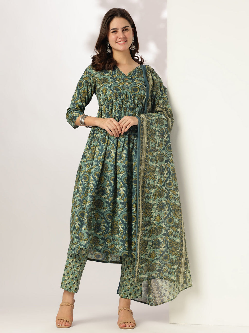 Sea Green Pure Cotton Floral Printed A-line Kurta Set