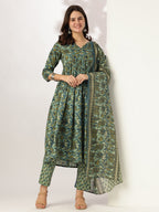 Sea Green Pure Cotton Floral Printed A-line Kurta Set