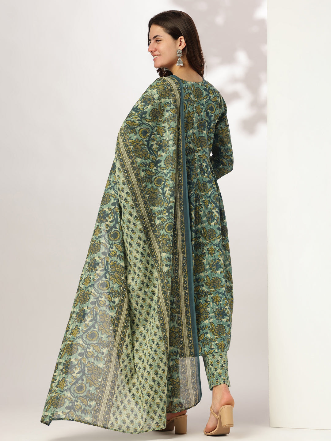 Sea Green Pure Cotton Floral Printed A-line Kurta Set