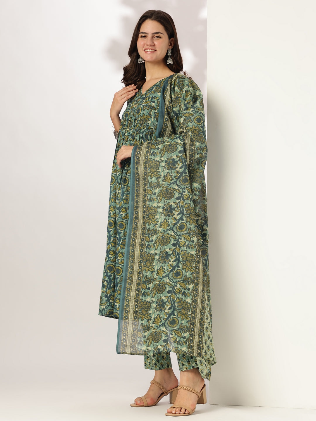 Sea Green Pure Cotton Floral Printed A-line Kurta Set