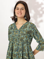 Sea Green Pure Cotton Floral Printed A-line Kurta Set