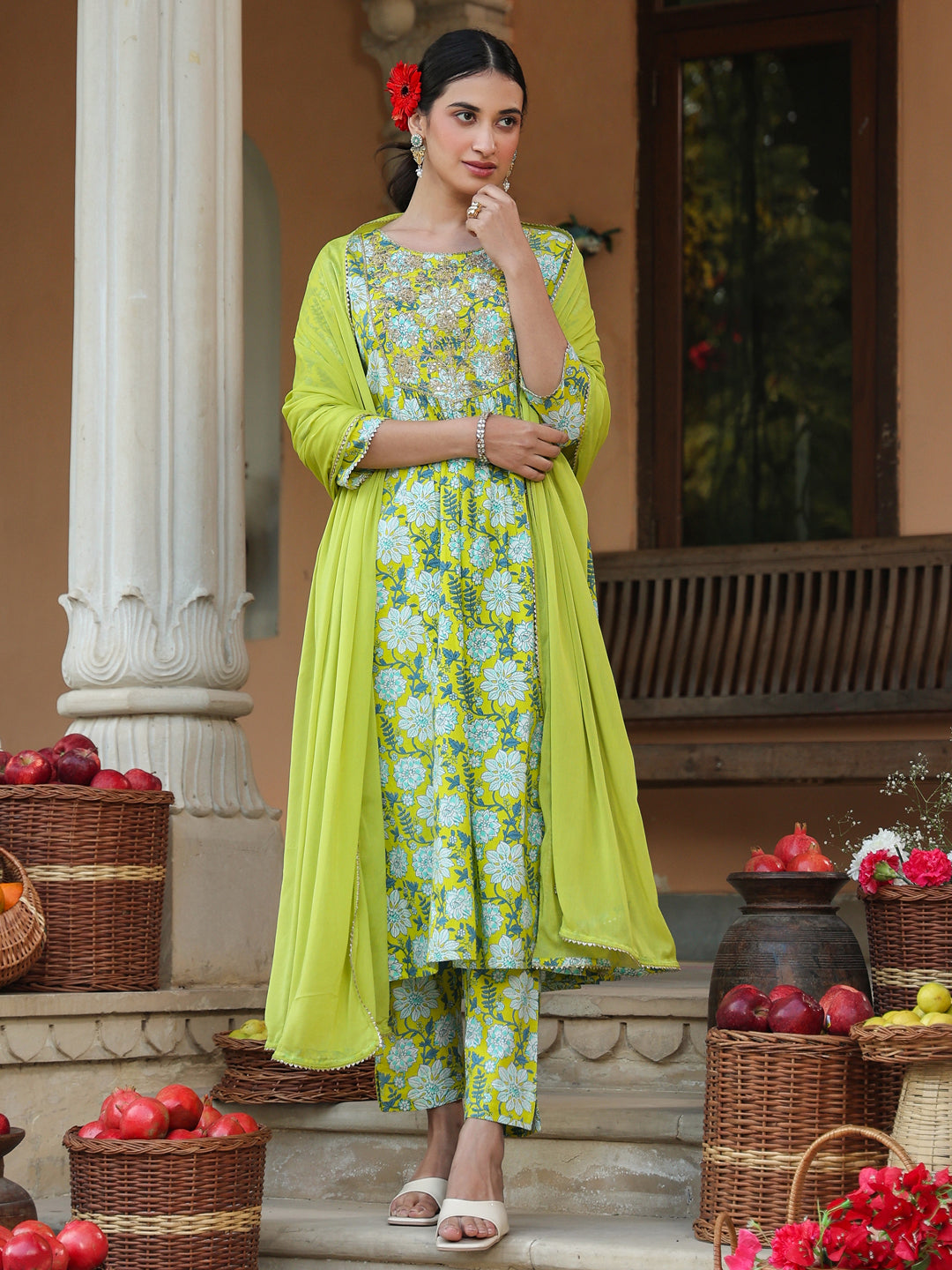 Janasya Women's Lime Green Pure Cotton Floral Printed Yoke Design A-line Kurta Set