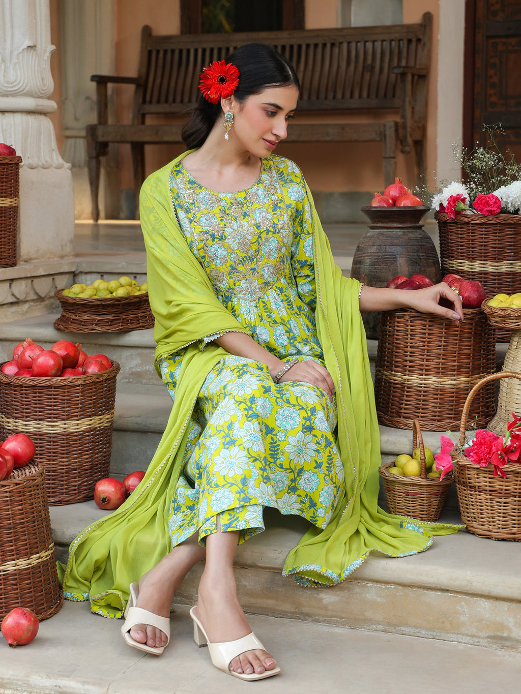 Janasya Women's Lime Green Pure Cotton Floral Printed Yoke Design A-line Kurta Set