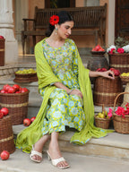 Janasya Women's Lime Green Pure Cotton Floral Printed Yoke Design A-line Kurta Set
