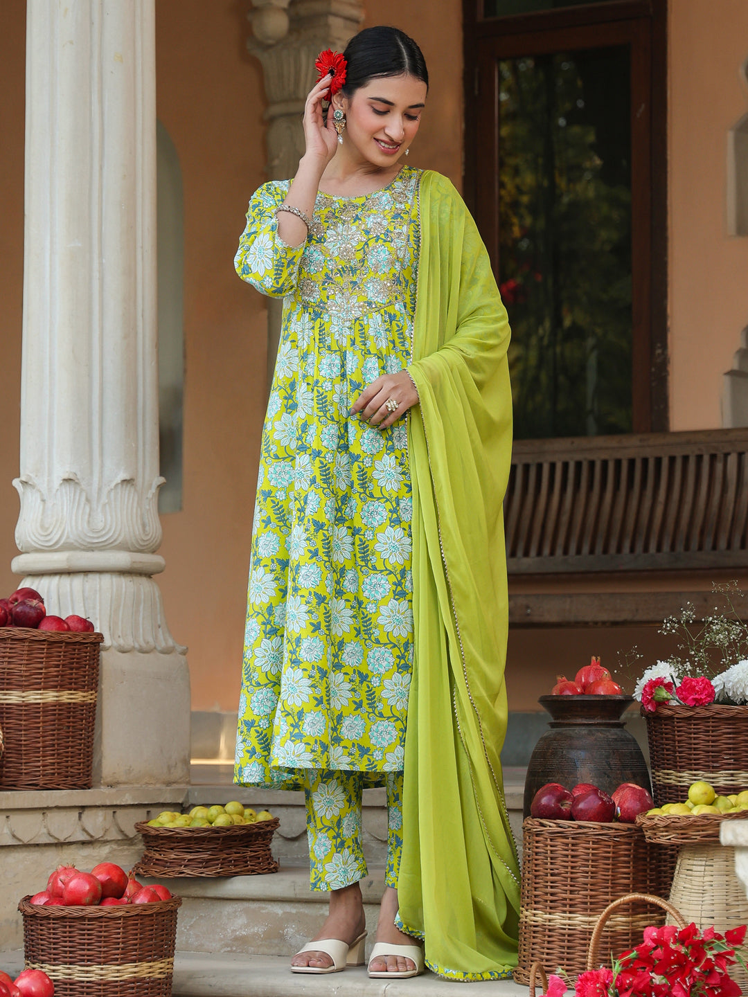 Janasya Women's Lime Green Pure Cotton Floral Printed Yoke Design A-line Kurta Set
