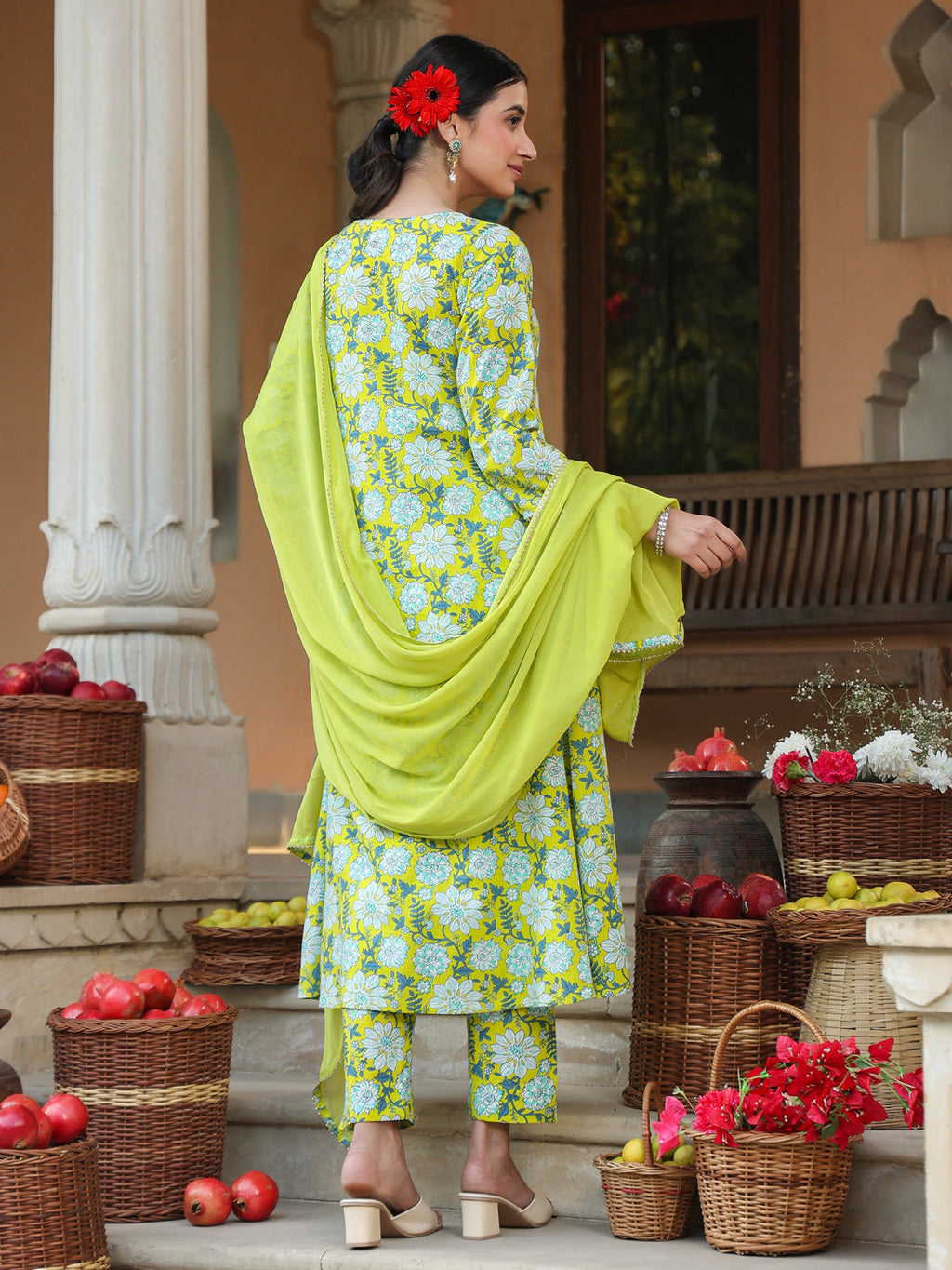Janasya Women's Lime Green Pure Cotton Floral Printed Yoke Design A-line Kurta Set