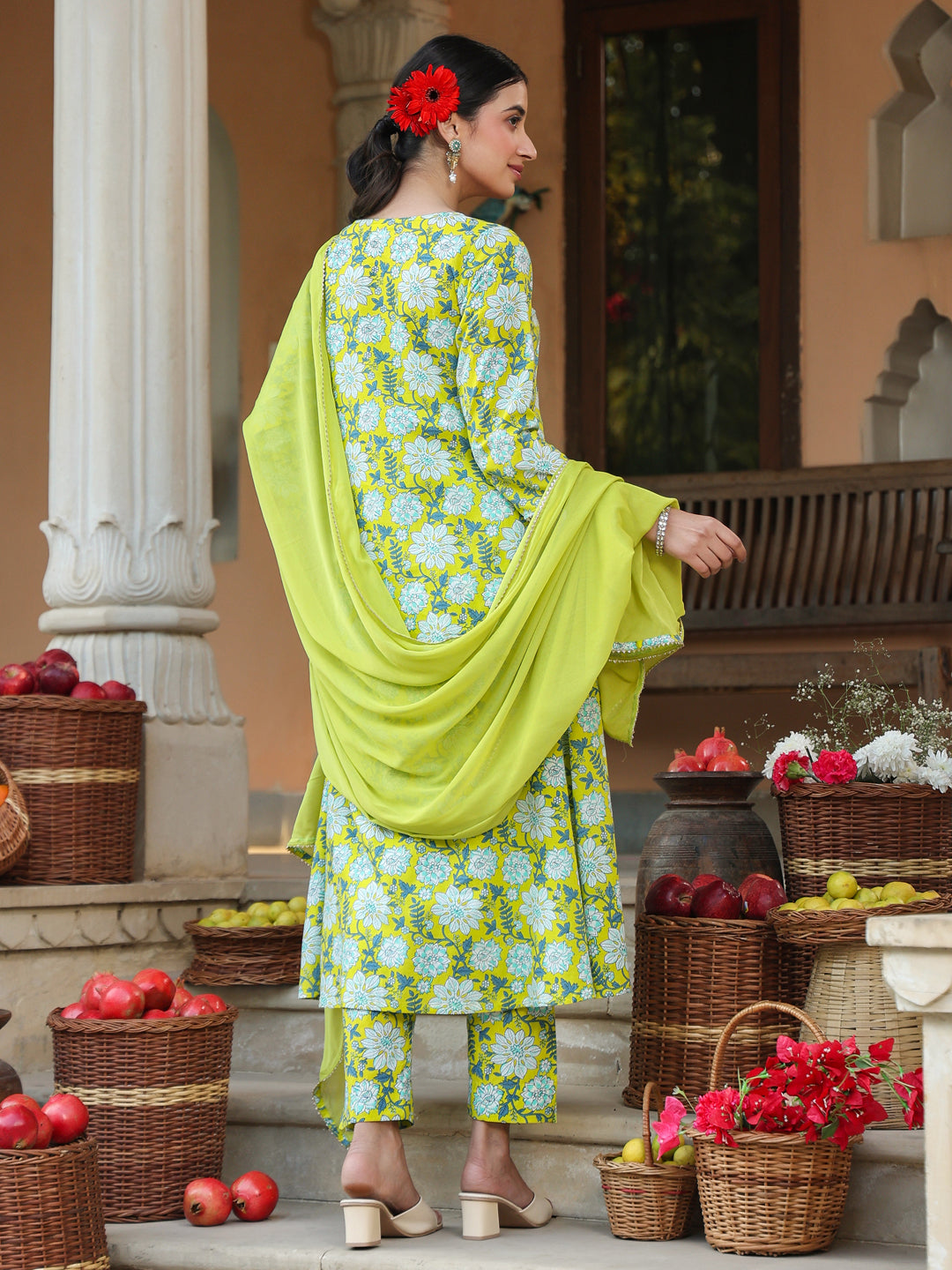 Janasya Women's Lime Green Pure Cotton Floral Printed Yoke Design A-line Kurta Set