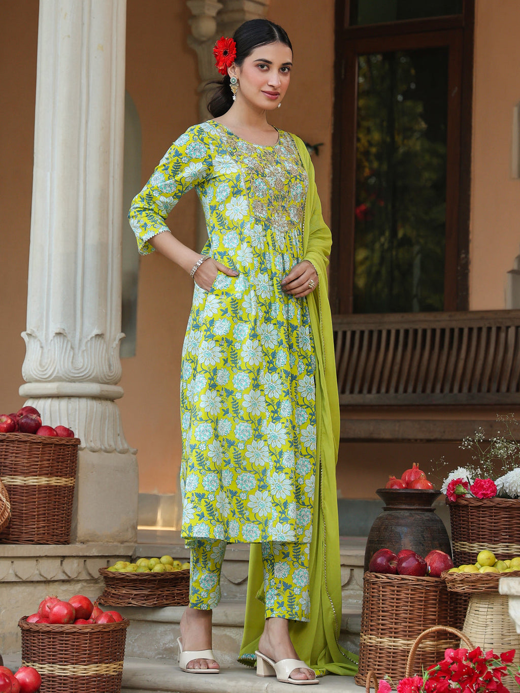 Janasya Women's Lime Green Pure Cotton Floral Printed Yoke Design A-line Kurta Set