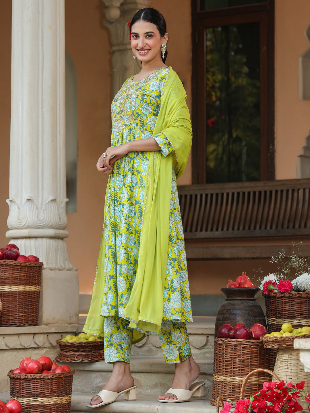Janasya Women's Lime Green Pure Cotton Floral Printed Yoke Design A-line Kurta Set