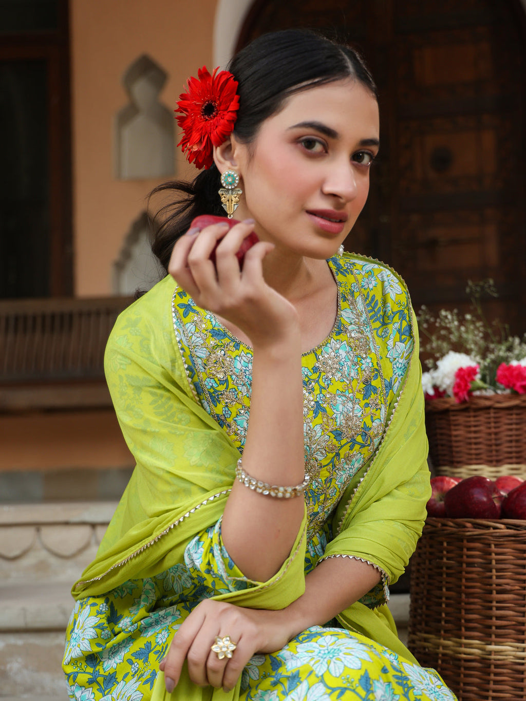 Janasya Women's Lime Green Pure Cotton Floral Printed Yoke Design A-line Kurta Set