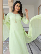 Janasya Women's Light Green Cotton Embellished Straight Kurta Set