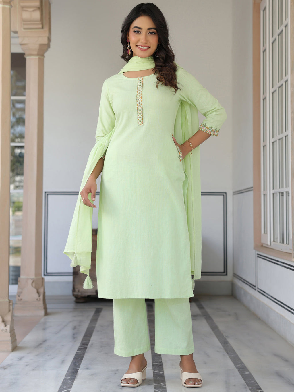 Janasya Women's Light Green Cotton Embellished Straight Kurta Set