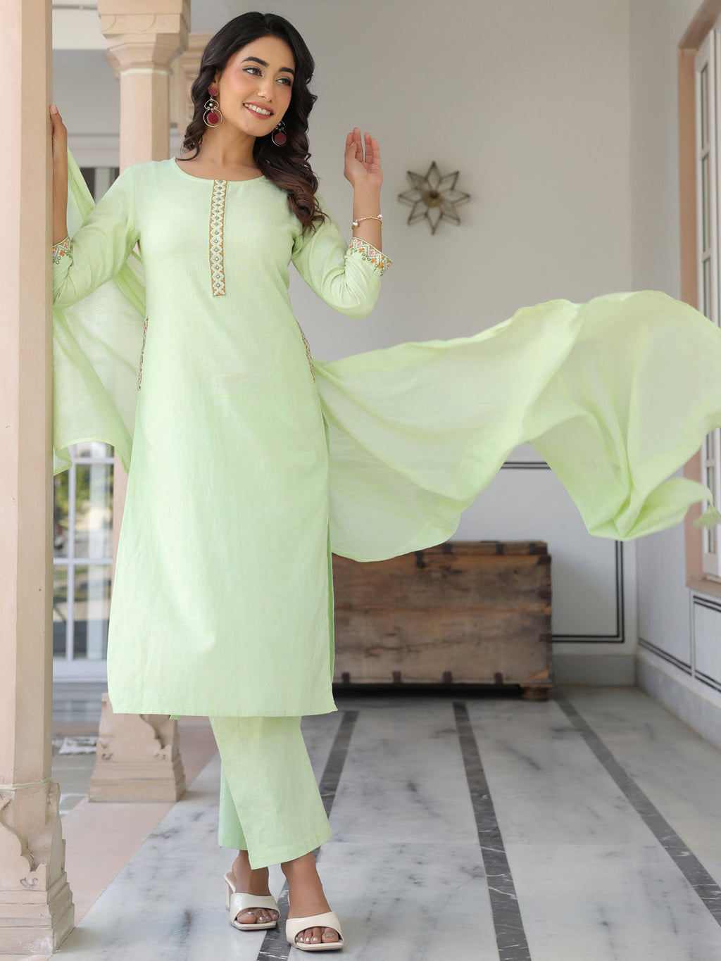 Janasya Women's Light Green Cotton Embellished Straight Kurta Set