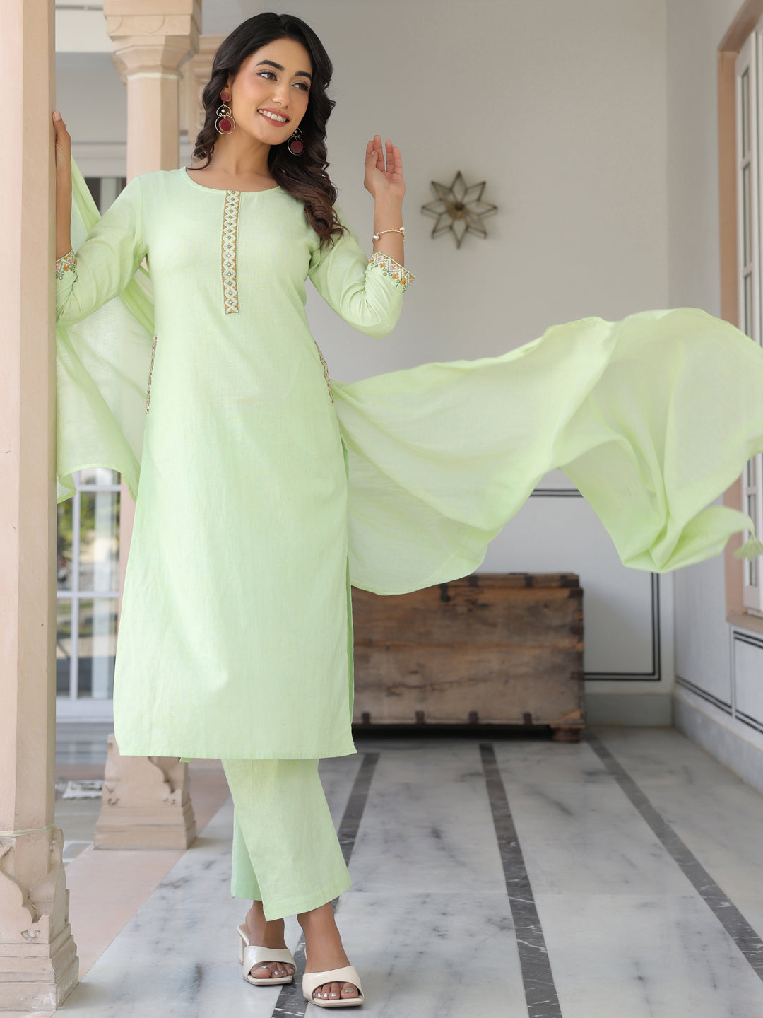 Janasya Women's Light Green Cotton Embellished Straight Kurta Set